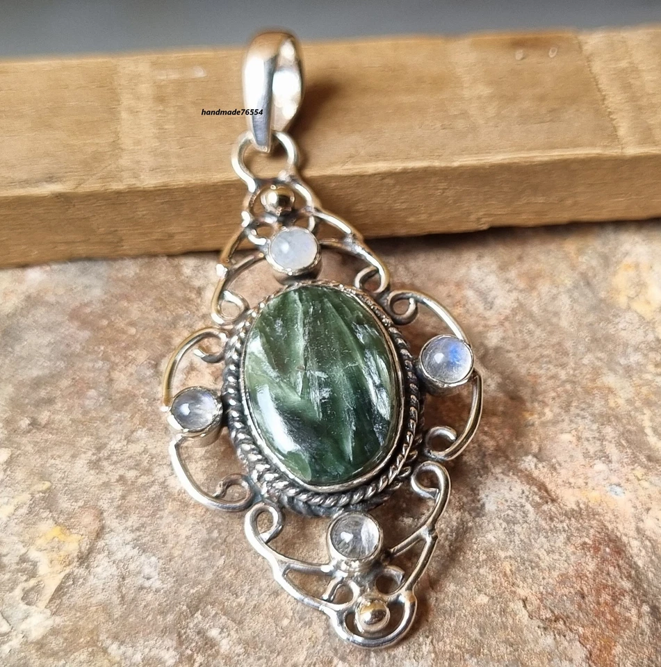 Colgante de regalo hecho a mano de plata de ley 925 con piedras preciosas pintorescas de serafinita PG209 Foto 3 de 4