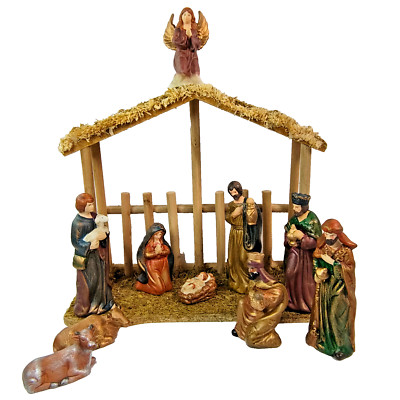 Vintage Nativity Scene Set 11 Pieces Ceramic Wooden Manger Matte Christmas