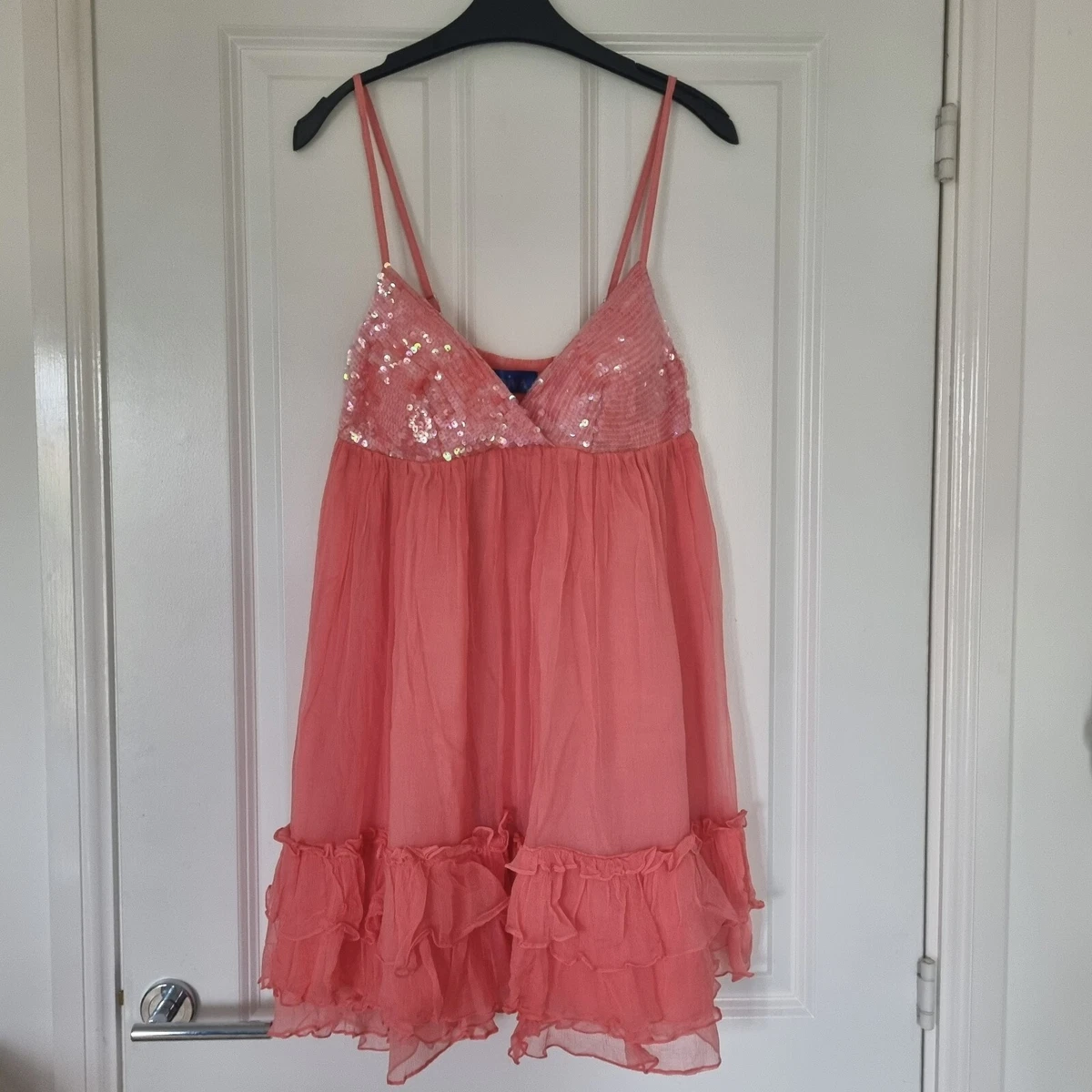 GODDIVA CORAL PEACH SHEER RUFFLE FRILL SEQUIN EMBELLISHED FLOATY BABYDOLL DRESS