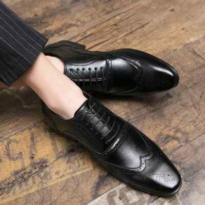 Mens Vintage Wing Tip Brogue Leather Shoes Dress Derby Oxfords Pointy Toe Brogue