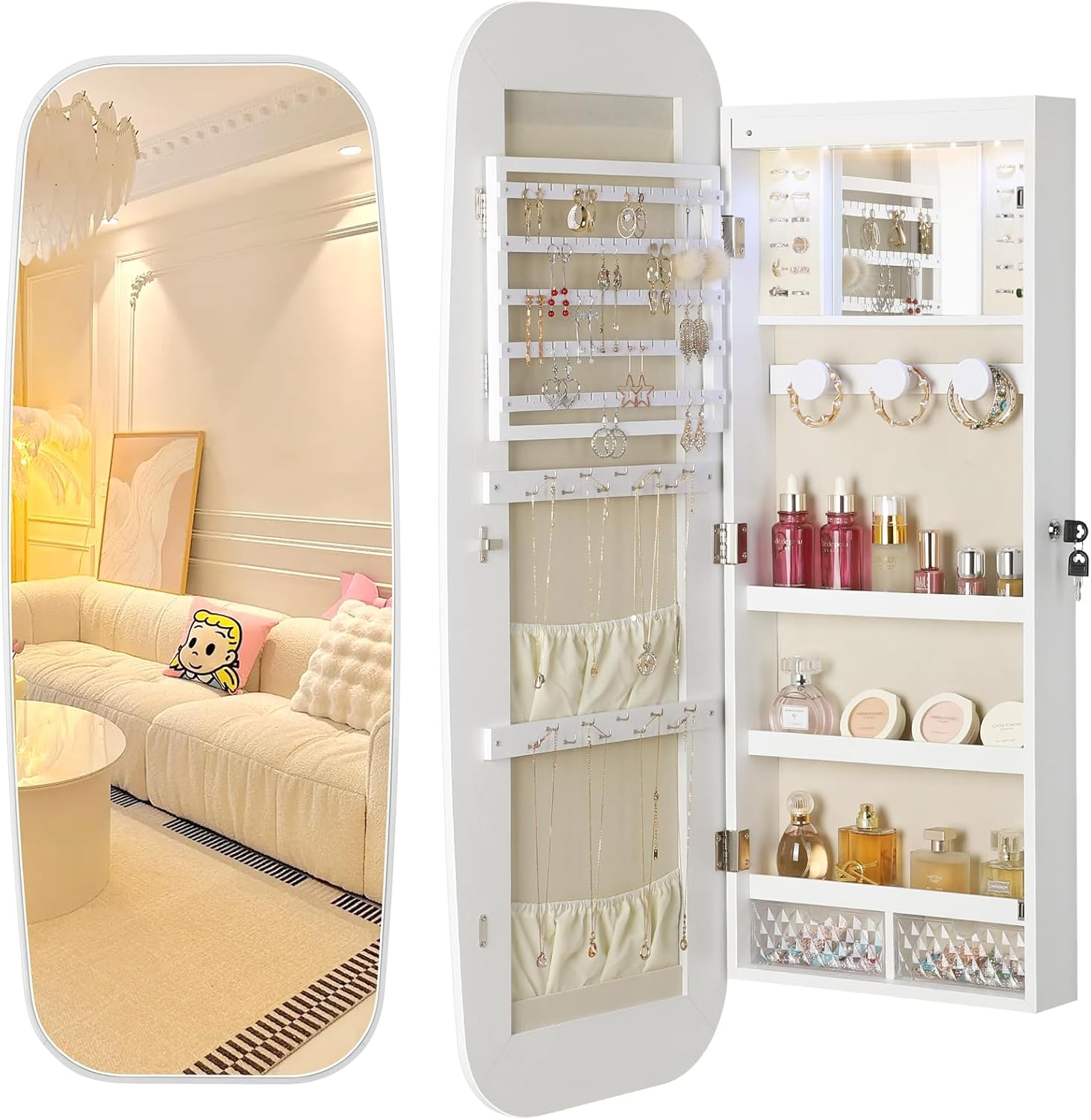 LED Mirror Jewelry Cabinet, Rounded Jewelry Armoire Organizer, Wall or Door Moun