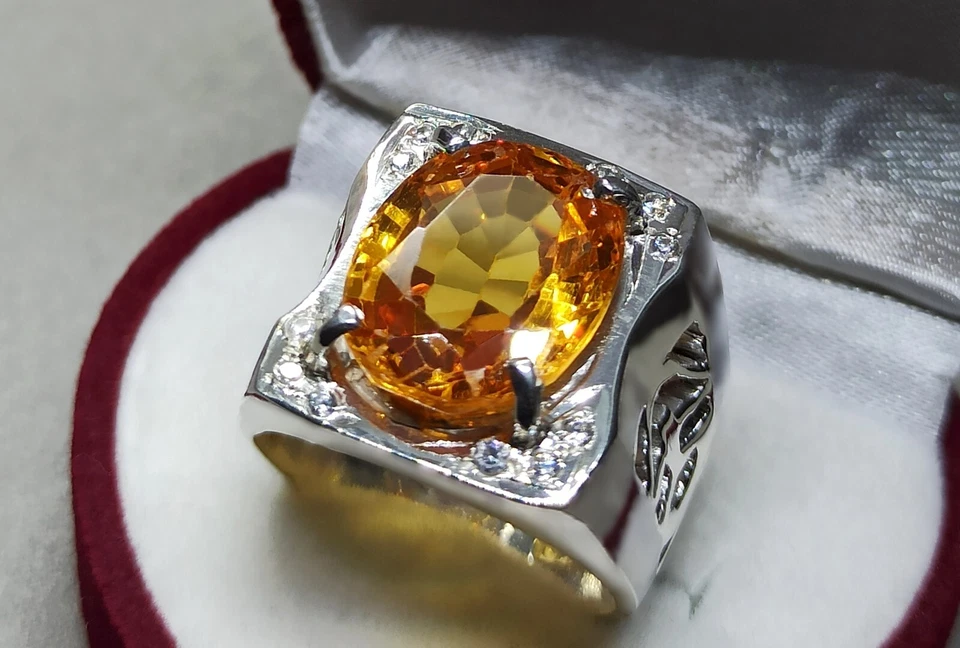 15 Carat Oval Cut Yellow Citrine Sterling Silver 925 Handmade Citrine Mens Ring - Image 4 of 4