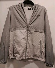 New Balance Full Zip Running Jacket Windbreaker Hood Womens Large Gray and White