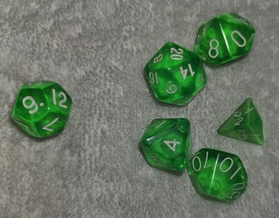 Set Of 6 Polyhedral RPG Dice Translucent Green White Numbering Open Package