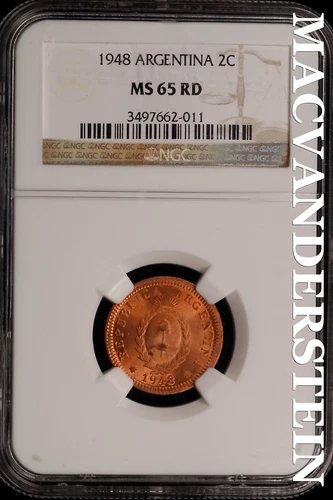 Argentina: 1948 Two Centavos - NGC MS 65 RD - Scarce  No Reserve  #SLi480