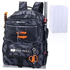 50L Fishing Tackle Backpack with Rod Holder and 4 Included 3600 Black Camo