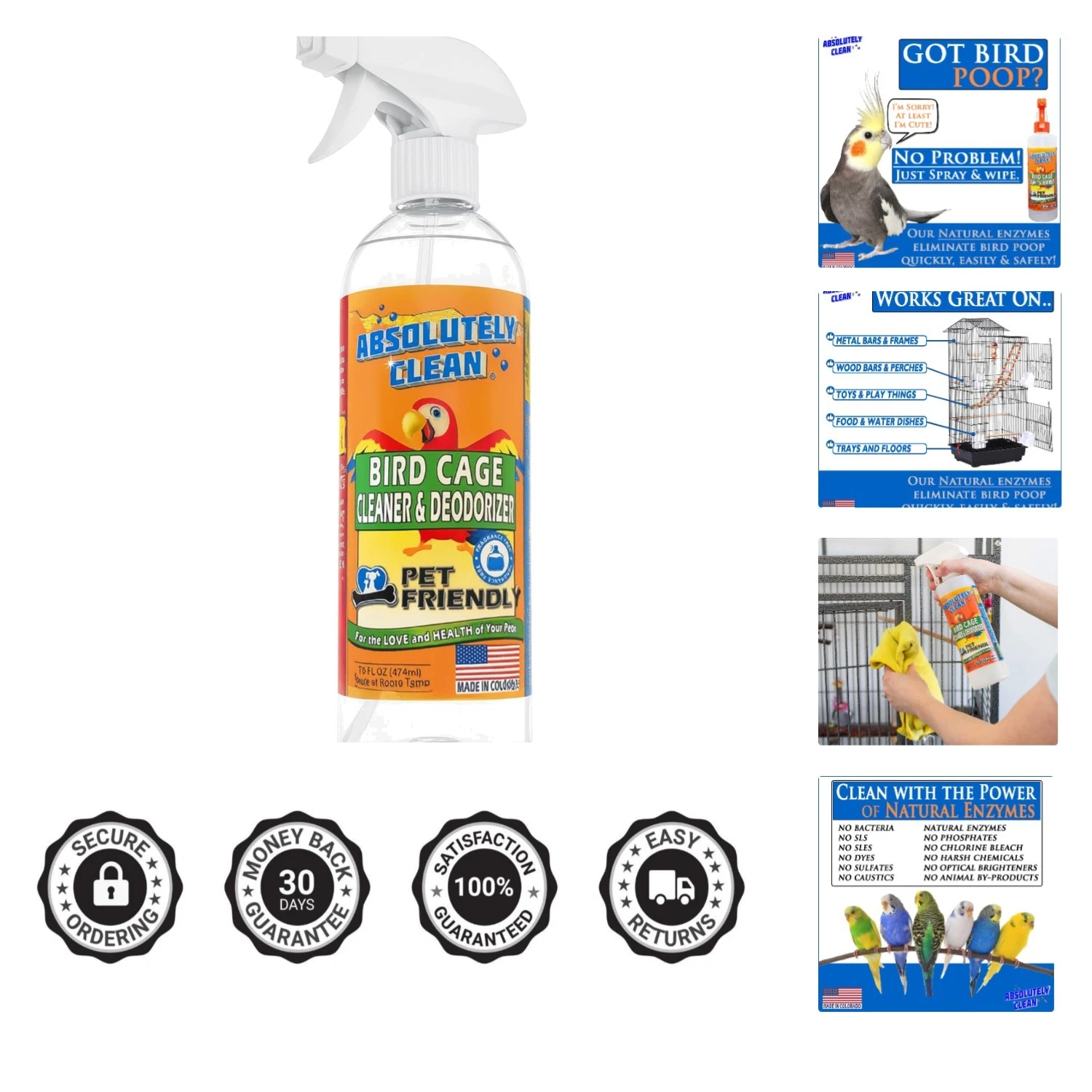Amazing Bird Cage Cleaner & Deodorizer - Fast-Acting 16oz Spray, Fragrance Free