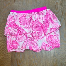 Girls Neon Pink Tropical Palm Leaf Tiered Ruffle Swim Skirt Cover Up Size 9-10Y