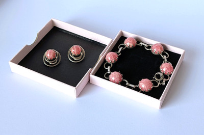 Schmuckset Silber 835 Armband Ohrclips Rhodochrosit Rosa Stein Vintage Trachten