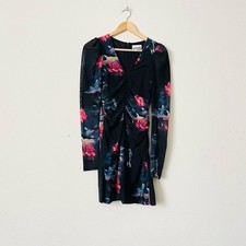 GANNI SIZE 34 black ruched floral print stretch-mesh long sleeve mini dress