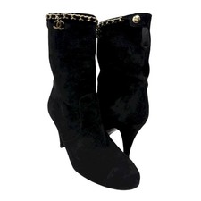 CHANEL Vintage CC Logo Charm Button Ankle Suede Boots Heels 39 Black Gold