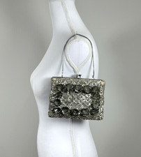 Vintage Silver Sequin Beaded Evening Bag Chain Handle Clutch Wedding Purse