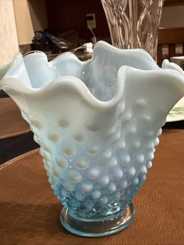 vintage Fenton aqua blue opalescent hobnail glass vase with a ruffled edge