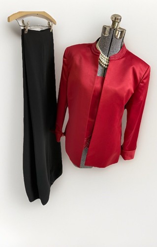 Kasper Pant Suit Size 18 Three Piece Set Red Embellished Shine Black Side Zip - Picture 1 of 24