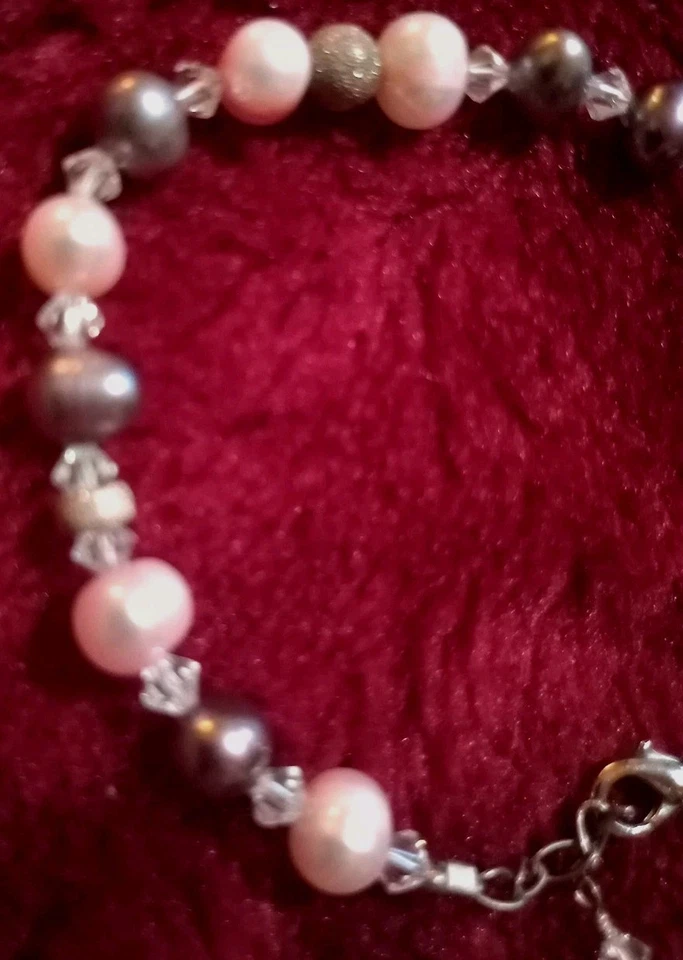 Pulsera de Colección Perla Plata 925 Cuentas y Cristal Rosa y Gris Perlas Reales Ajustable Damas  Foto 4 de 4