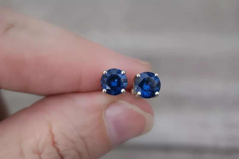 14K White Gold Over 4mm Round Simulated Blue Sapphire Women's Stud Earrings #9