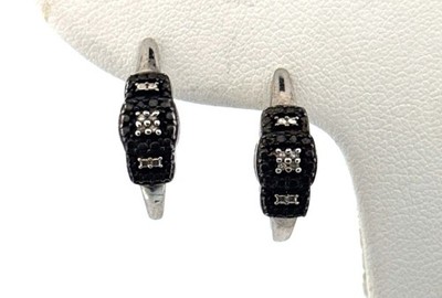 Nachlass Sterling Silber 925 schwarz & weiß Kristall Huggie Ohrringe 3,2 g 0,72 Zoll