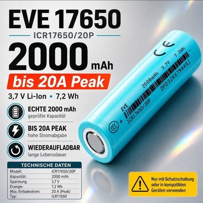Akkuzelle 3,7V 2000mAh  wiederaufladbar 20A für DIY-Projekte 17,6x65mm Batterie