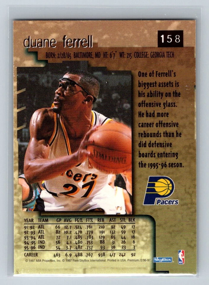 1996-97 SkyBox Premium #158 Duane Ferrell Indiana Pacers Basketball Card - Image 2 of 2