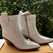 Women s Silver Rhinestone Pointed Toe Ankle Bootie Faux Leather Zip Size 7