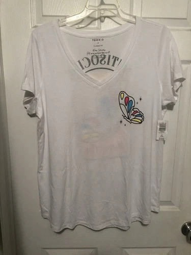Torrid Women’s Plus 2X White V-Neck Short Sleeve  antisocial butterfly print ￼ - product listing photo