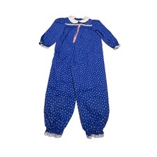 Vintage 80's Girls Blue Ditsy Floral Jumpsuit Peter Pan Collar Lace Trim 3T