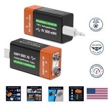 2 Pack 9 Volt Lithium Ion Rechargeable Batteries 650mAh w/ USB-C Type Cable Bump