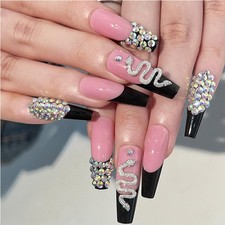 24 Pcs Long Square Press On Nails Diamond Snake Design Fake Nail Tips Set