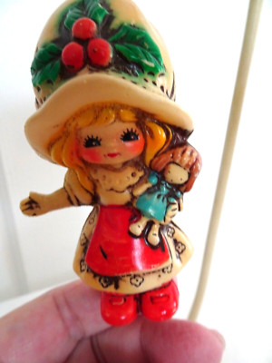 Vintage 4'' Christmas Tree Ornament-Toddler Girl w. Doll-Marked Japan-Celluloid