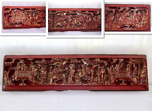 Qing Chinese Hand Carved Red Gold-Gilt High Relief Heavy Wood Temple Scene Panel - Picture 11 of 14