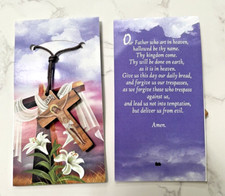 Wooden Crucifix Pendant Necklace  Jesus Our Father Prayer Catholic