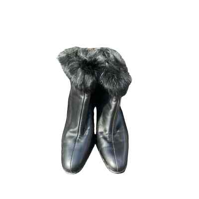 PETER KAISER~Fur Trim Leather Heel Ankle Bootie Size 5 1/2 Black~Back Zip Close