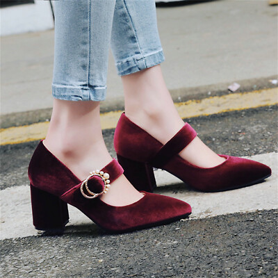 Women's Velvet Mary Jane Block Heel Round Toe Retro Pearl Buckle Starp Pumps