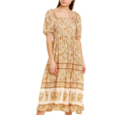 knee length dresses for ladies Blue Floral Smocked Puff Print Midi Dress main image 0