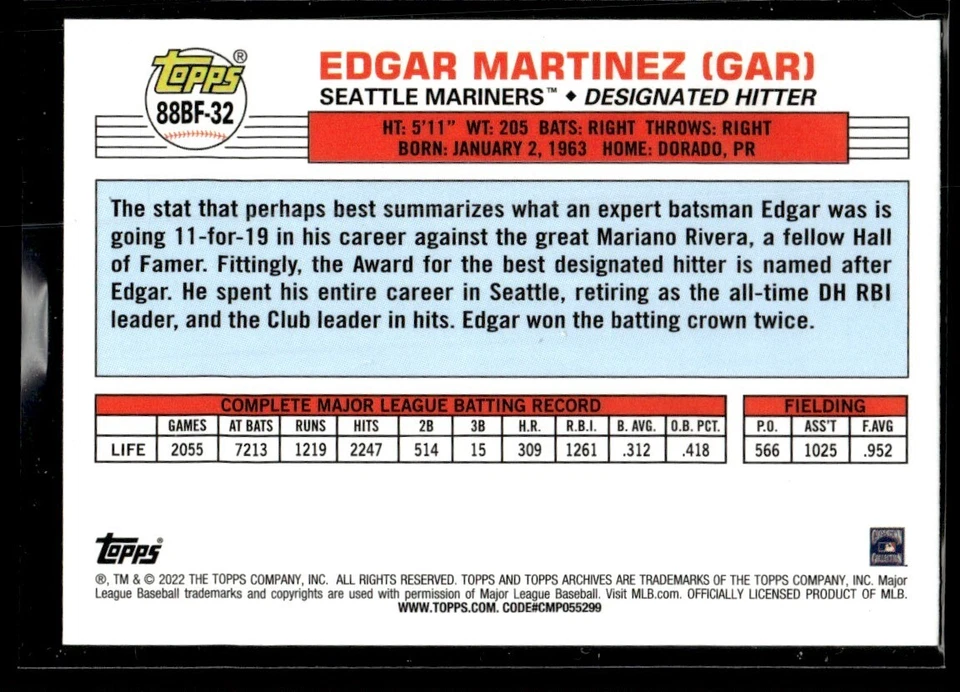 2022 Topps Archives Big Foil Edgar Martinez Seattle Mariners #88BF-32 - Image 2 of 2