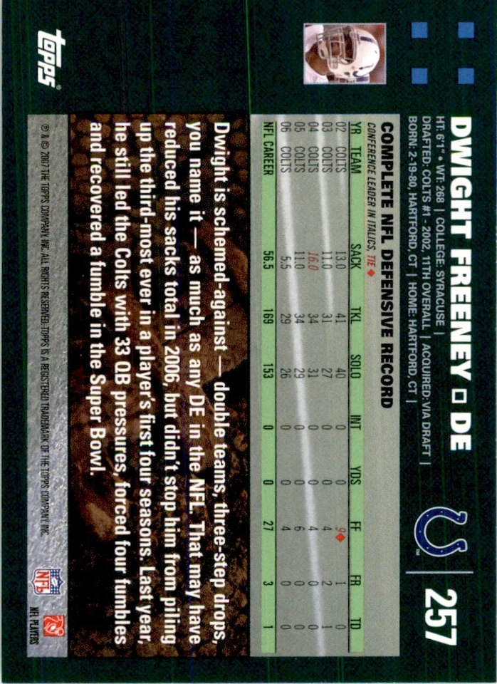 2007 TOPPS DWIGHT FREENEY INDIANAPOLIS COLTS #257 - Image 2 of 2