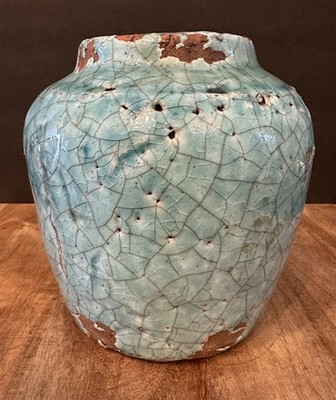 Vintage Handmade Studio Pottery Turquoise Crackle Glaze Vase Rustic Raku Style