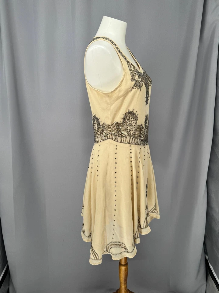 Vestido corto de fiesta Gatsby Art Deco con cuentas con solapa para mujer pequeño lentejuelas crema años 20 Foto 4 de 4