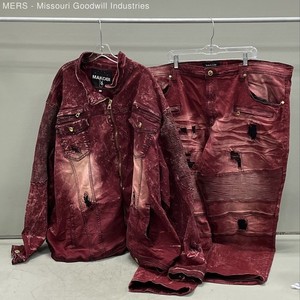 Makobi Men's Burgundy Acid Wash Distressed Biker Moto Jacket 5XB Pants 48x32