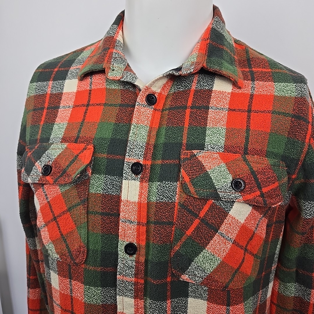 SUB POP Records Camano Flannel Shirt Orange Autumn Plaid Men's S Woven Cotton