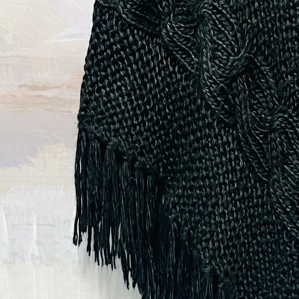 Vtg SASSON Black Crochet Knit Asymmetrical Fringe Poncho Whimsigoth Boho ONE SZ - Image 4 of 4