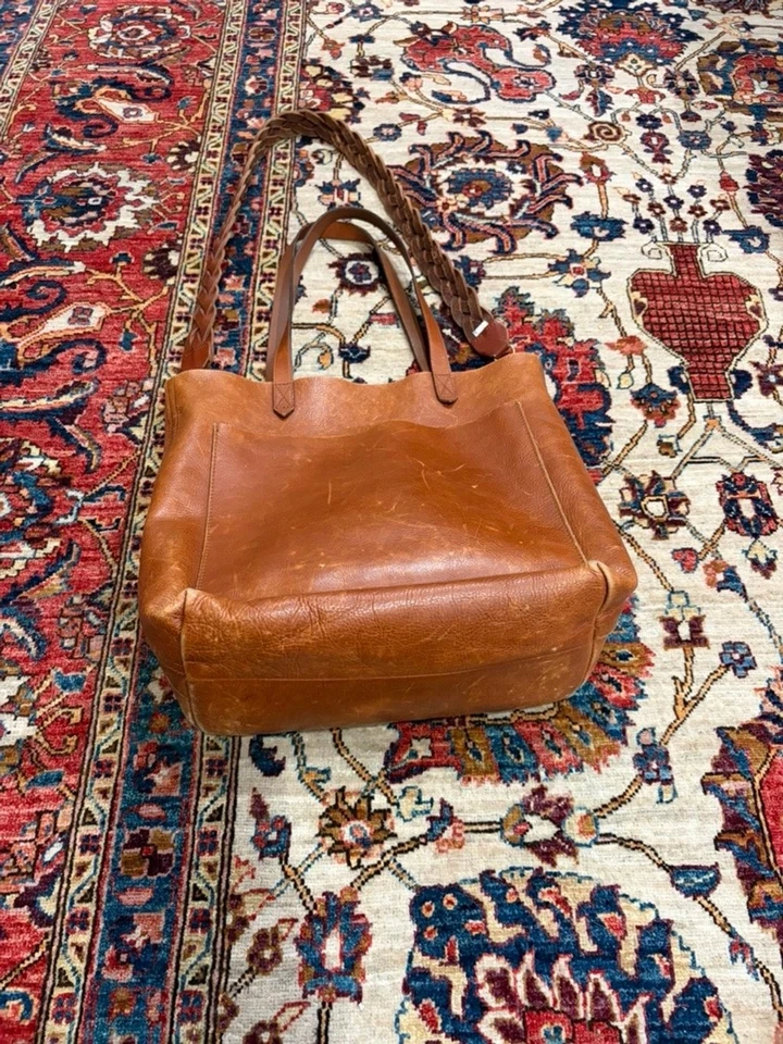 Madewell кожи транспорта сумка с короткими ручками желтовато-коричневый коричневый плетеный ремень винтажный кожаный недостаток - Изображение 3 из 4