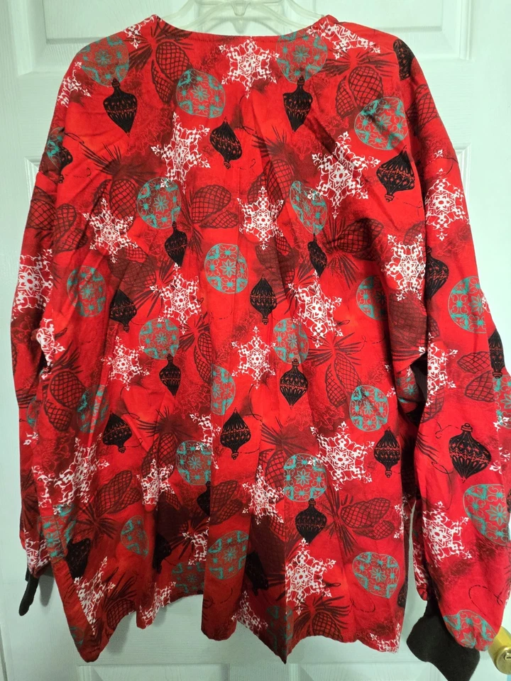 TAFFORD Scrub Jacket size 3XL-Red CHRISTMAS Ornaments Snap-up-Chest 29.5"/L 31" - Image 2 of 4
