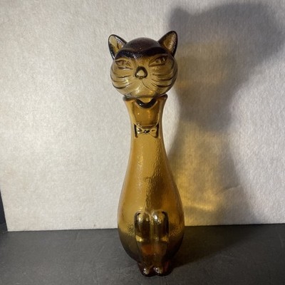 Vintage Ruffino Empoli Cat Decanter Bottle Amber gold 1960s MCM Italian Glass 