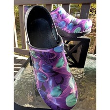 Sanita Danish Design Clogs Purple Blue Tulip Print Women's Size 38 or 7 US