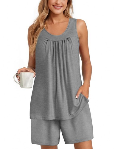 Damen Ärmellos Pyjama Set Baumwolle Pyjama Sets Tank Top und Shorts Nachtwäsche Su...
