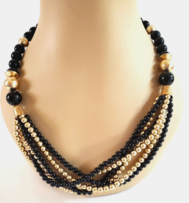 VTG 1950's Miriam Haskell 6 Strand Black Onyx & Gold-Plated Beads 24'' necklace