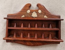 Vintage Hardwood Thimble Rack with Brass Inlaid Flowers, Wall Mounted