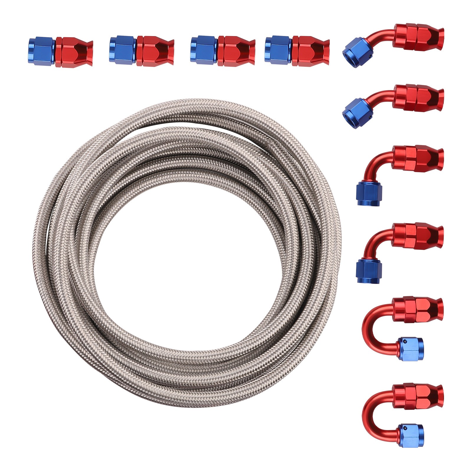 AN-6 AN6 20 Feet PTFE Fuel Hose Fuel Hose 45 90 180 Degree Fitting Kit Silver