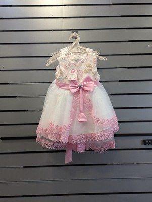 Weiß & rosa Baby bestickt Partykleid, Eid Kleid - Alter 6 Monate - 36 Monate